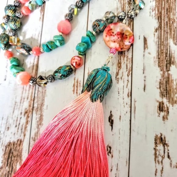 The Girl With Kaleidoscope Eyes Jewelry - Artisan Turquoise & Shell Tassel Necklace